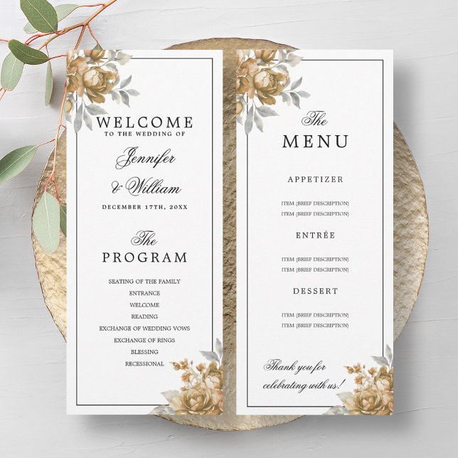 Programme de mariage floral rustique or élégant (Elegant Gold Rustic Floral Wedding Program Menu)