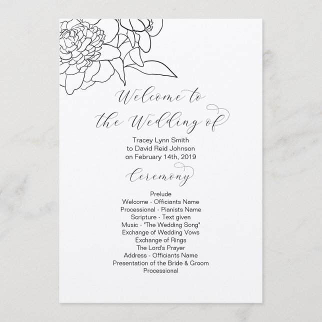 Programme de mariage floral tiré Kraft recto-verso (Devant)