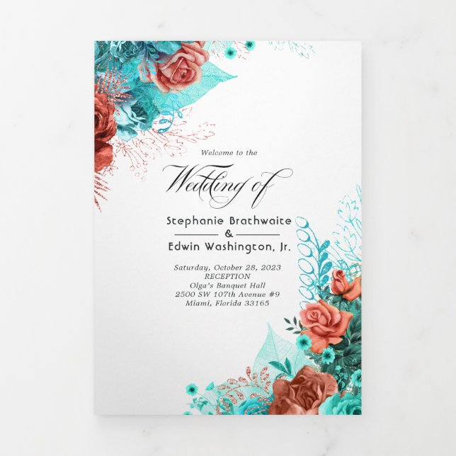 Programme de mariage floral turquoise et corail (Page de couverture)