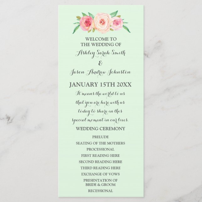 Programme de mariage floral vert à la menthe rose (Devant)