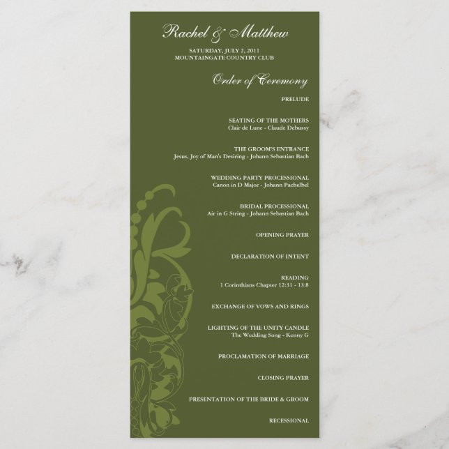 Programme de mariage floral vert d'olive (Devant)