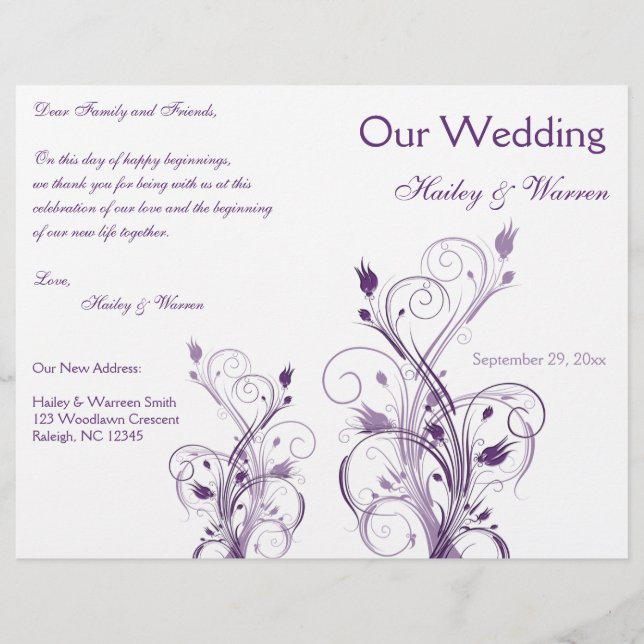 Programme de mariage floral violet et blanc (Devant)