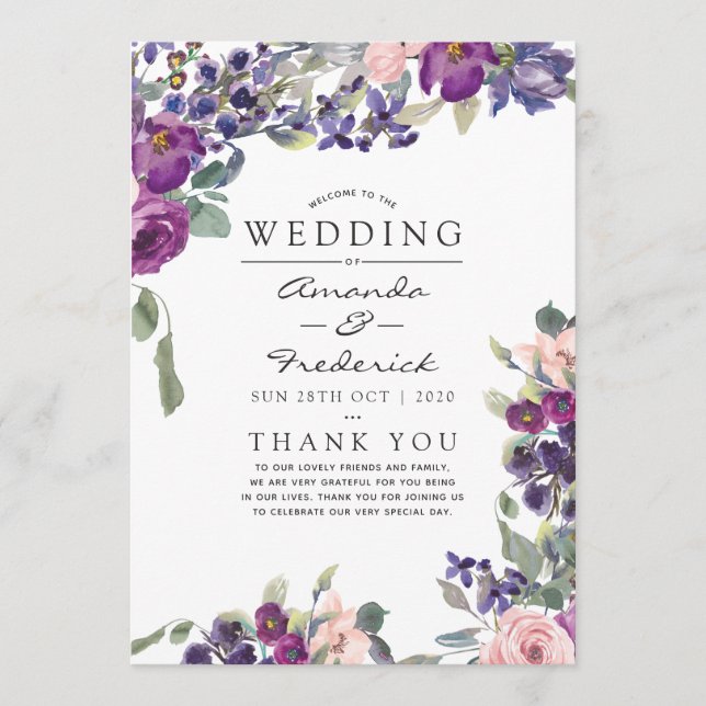 Programme de mariage floral violet et prune (Devant)