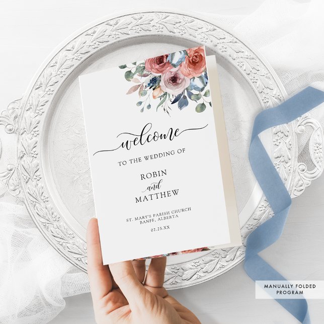 Programme de mariage flou et bleu floral plié (Créateur téléchargé)