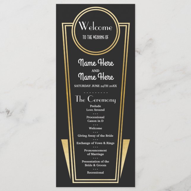 Programme de mariage Gatsby Black & Gold Art Déco  (Devant)