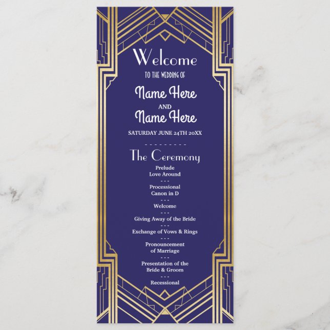 Programme de mariage Gatsby Navy & Or Art Déco des (Devant)