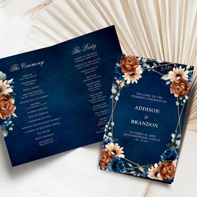 Programme de mariage géométrique bleu bleu de la M (Terracotta Navy Blue floral Geometric Wedding folded Program card)