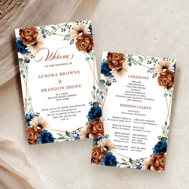 Programme de mariage géométrique bleu marine terra (Terracotta Navy Blue Geometric Wedding Program)