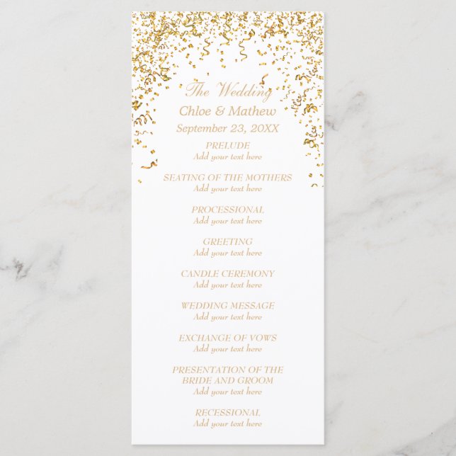 Programme de mariage Gold Ribbon Confetti (Devant)