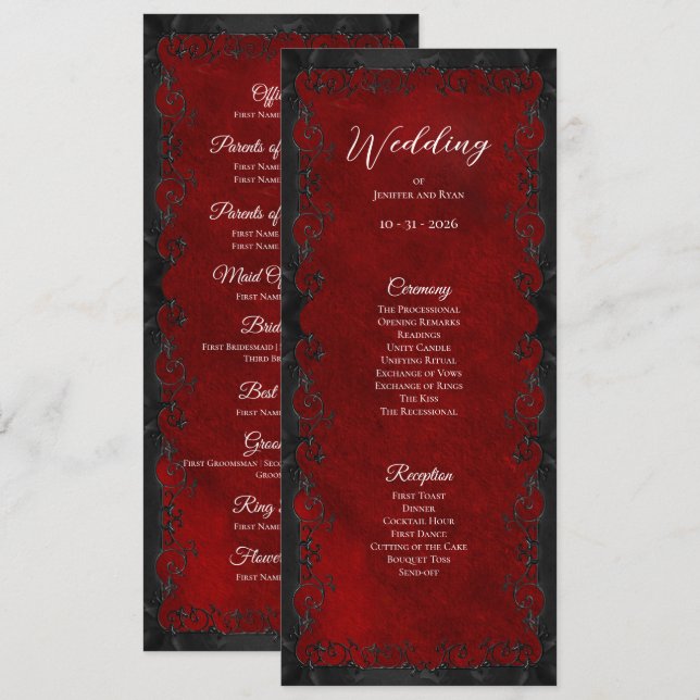 Programme de mariage gothique rouge élégant (Devant / Derrière)