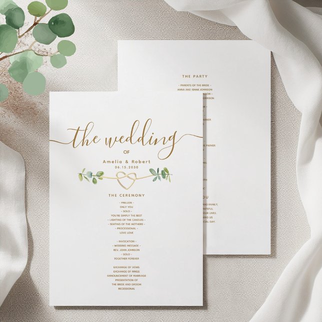 Programme de mariage Greenery Gold Heart (Créateur téléchargé)
