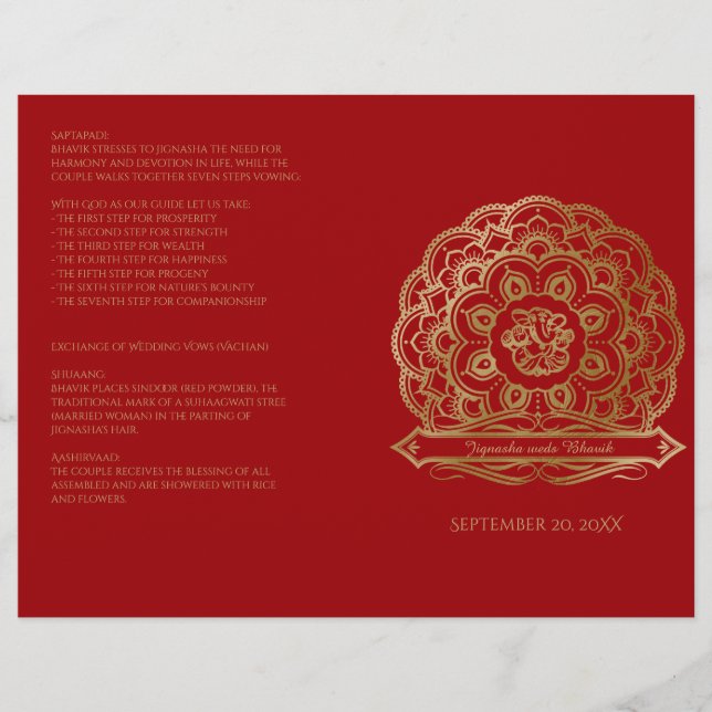 Programme de mariage hindou Mandala rouge et or (Devant)