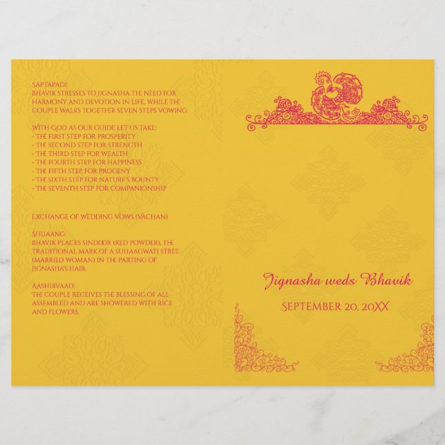 Programme de mariage hindou safran et rose paon (Devant)