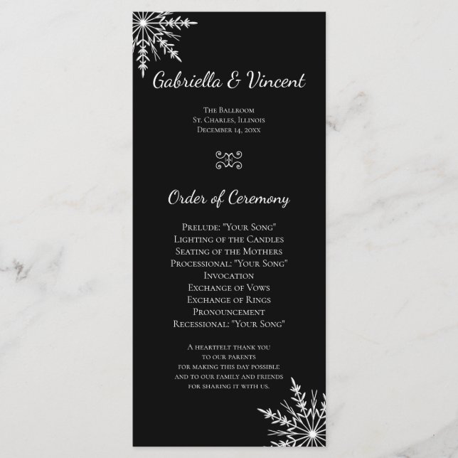 Programme de mariage hivernal des flocons de neige (Devant)