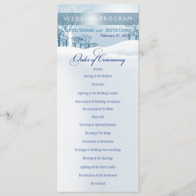 Programme de mariage hivernal neige bleu glace (Devant)