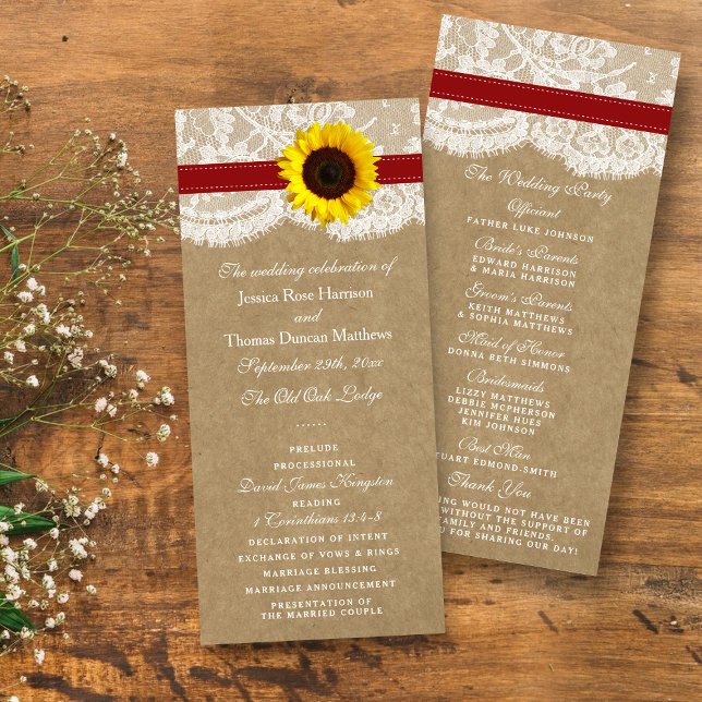 Programme de mariage Kraft, dentelle et tournesol (Créateur téléchargé)