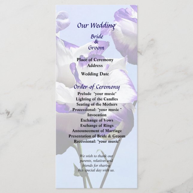 Programme de mariage lisianthus violet et blanc (Devant)
