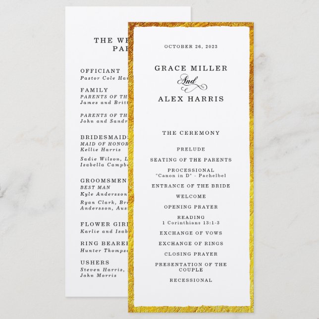 Programme de mariage mince de bordure en or (Devant / Derrière)