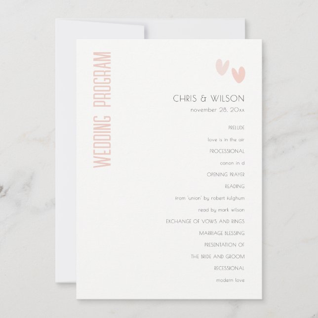 Programme de mariage minimal Pastel Dusky Pink Hea (Devant)