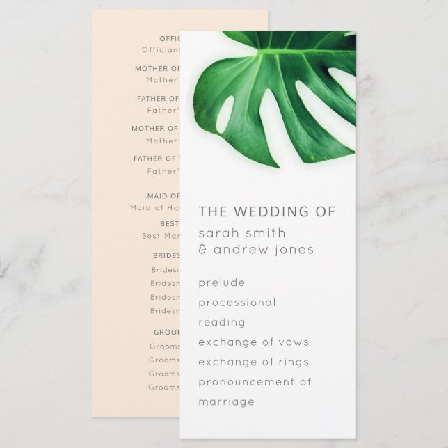 Programme de mariage minimaliste de la feuille de  (Devant / Derrière)