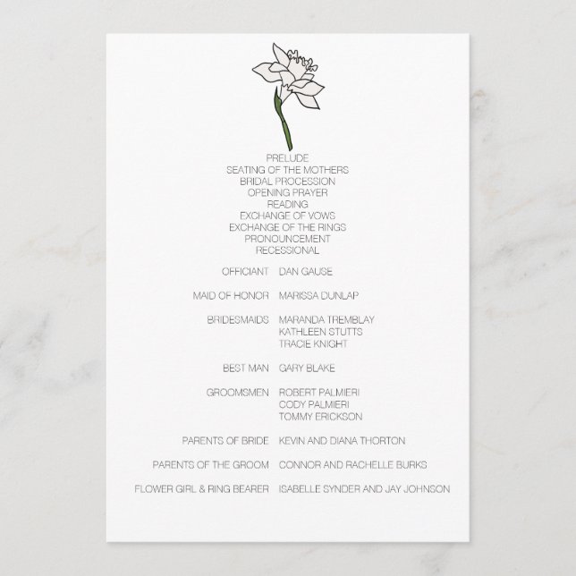 Programme de mariage minimaliste Narcissus (Devant)