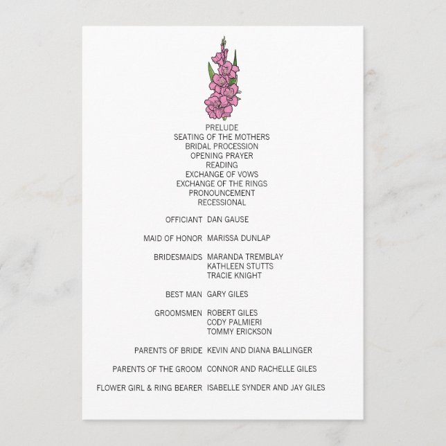 Programme de mariage minimaliste rose gladiolus (Devant)