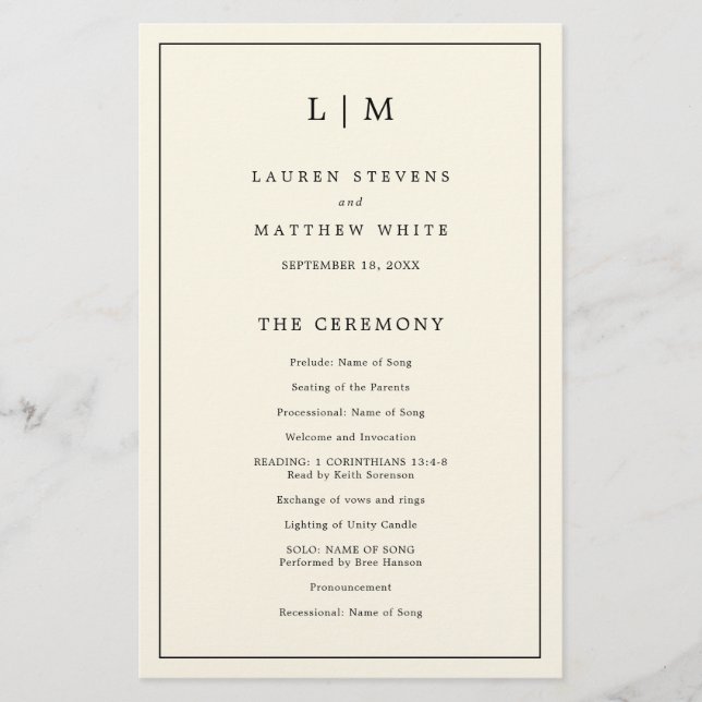 Programme de mariage moderne au monogramme jaune b (Devant)