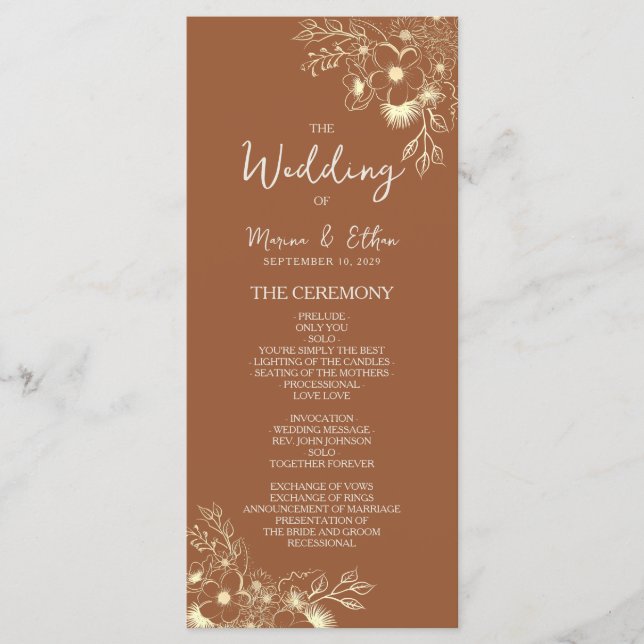 Programme de mariage moderne boho orange brûlé (Devant)