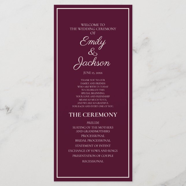 Programme de mariage moderne crème Bourgogne (Devant)