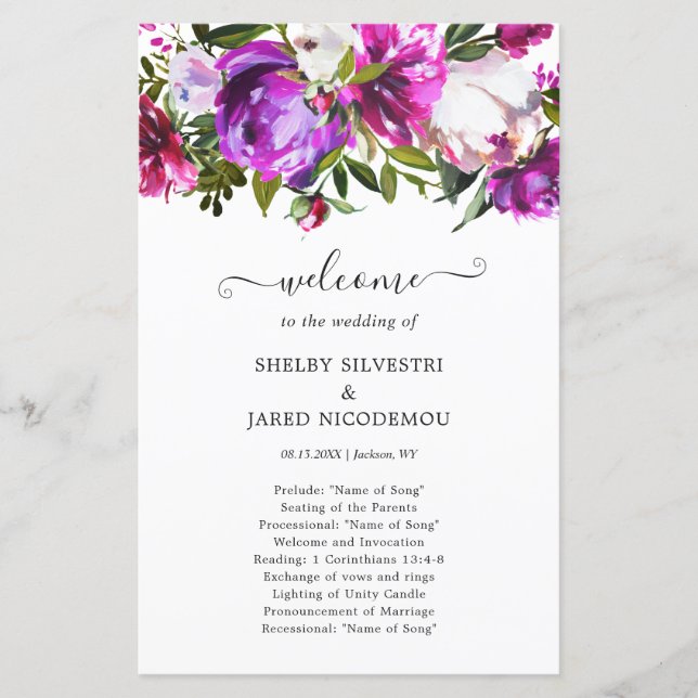 Programme de mariage moderne floral pourpre (Devant)