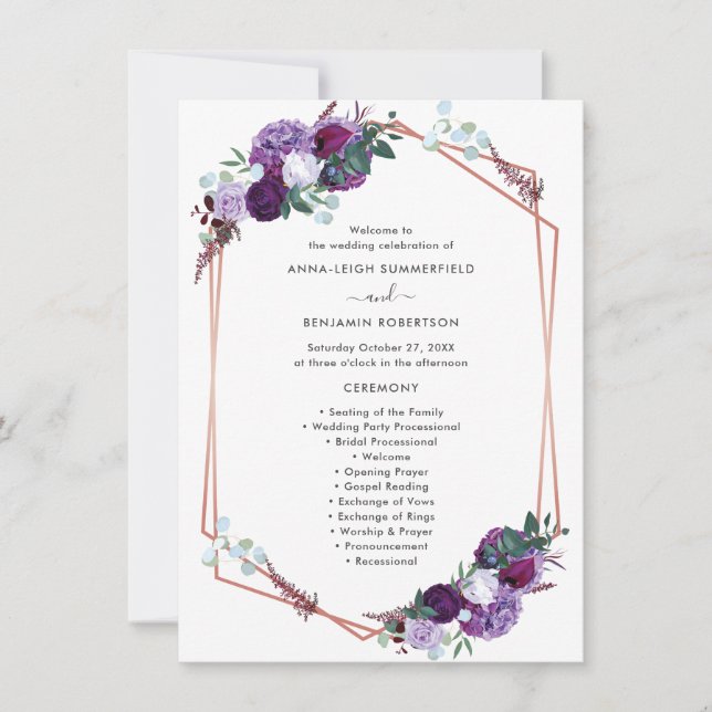 Programme de mariage moderne floral pourpre (Devant)