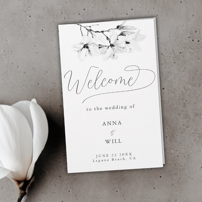 Programme de mariage moderne Magnolia Noir Blanc C (classic magnolia wedding program black white folded elegant modern classic)