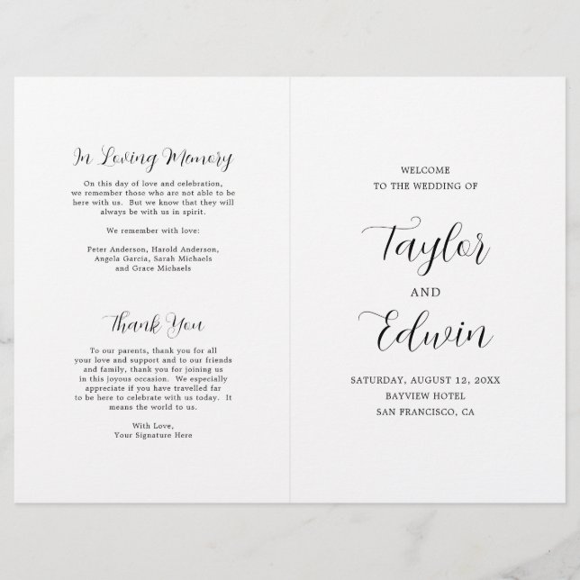 Programme de mariage moderne minimaliste noir et b (Devant)