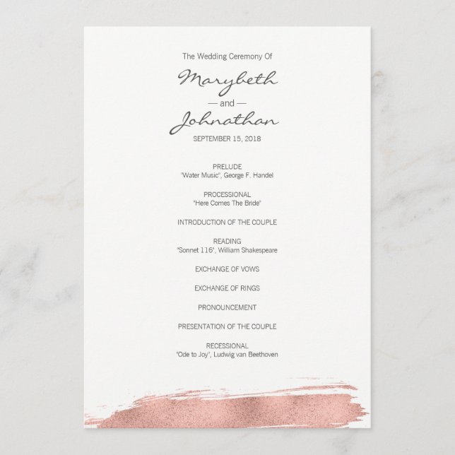 Programme de mariage moderne Rose Gold Brushstroke (Devant)