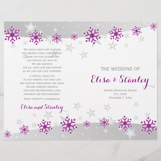 Programme de mariage moderne violet de flocons de  (Devant)