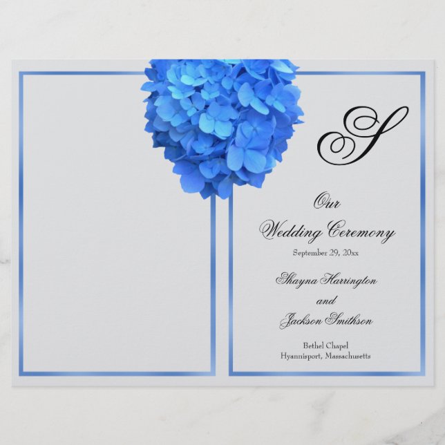 Programme de mariage Monogramme Floral Bleu Argent (Devant)