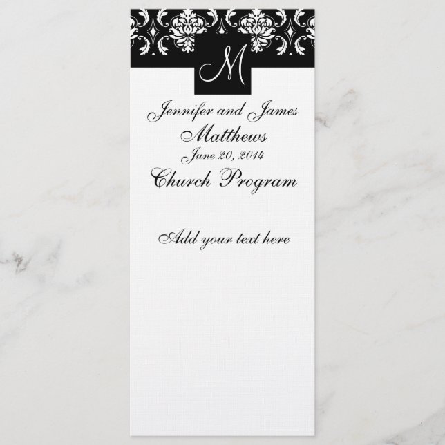Programme de mariage Monogramme Noir Blanc Damas (Devant)