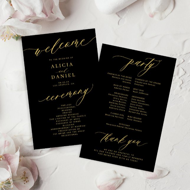 Programme de mariage noir à écriture dorée romanti (Créateur téléchargé)