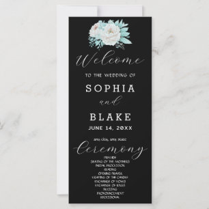 Programme de mariage noir à fleurs blanches romant