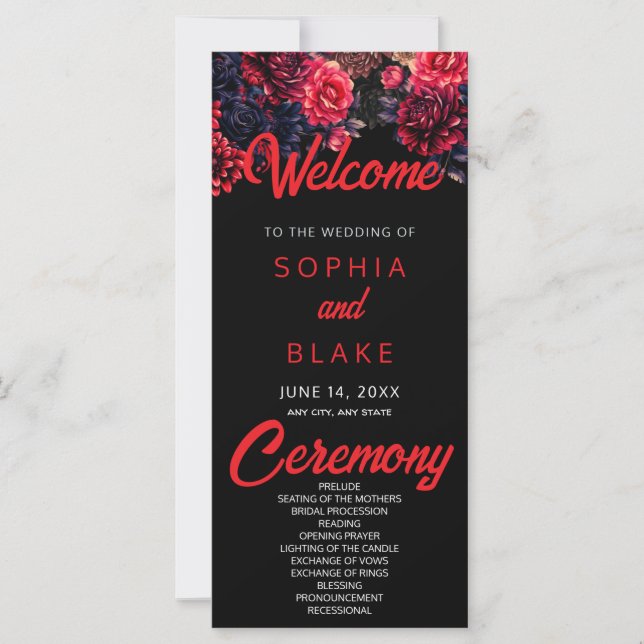 Programme de mariage noir et rouge gothique floral (Devant)