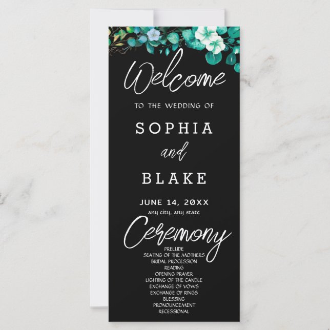 Programme de mariage noir Fleurs blanches Verdure (Devant)