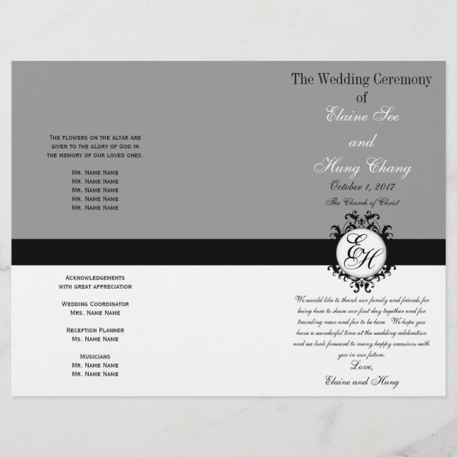 Programme de mariage noir gris clair Chic Monogram (Devant)
