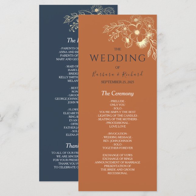 Programme de mariage or floral doré (Devant / Derrière)