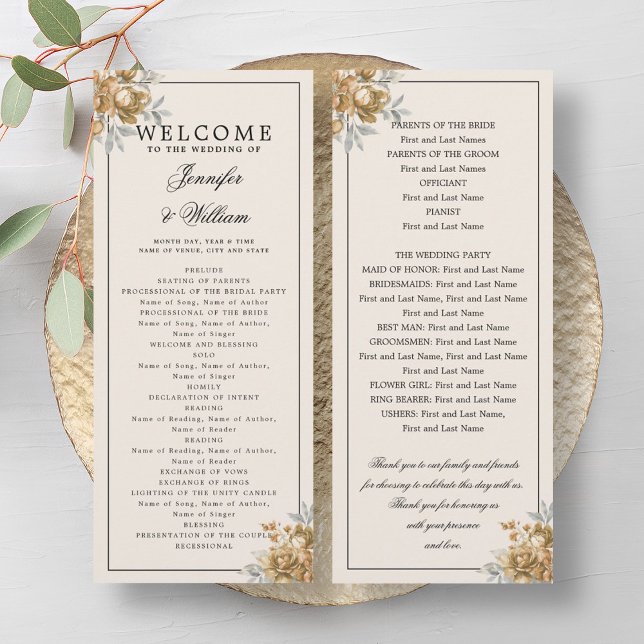 Programme de mariage or floral rustique naturel (Wedding Program Gold Natural Rustic Floral)