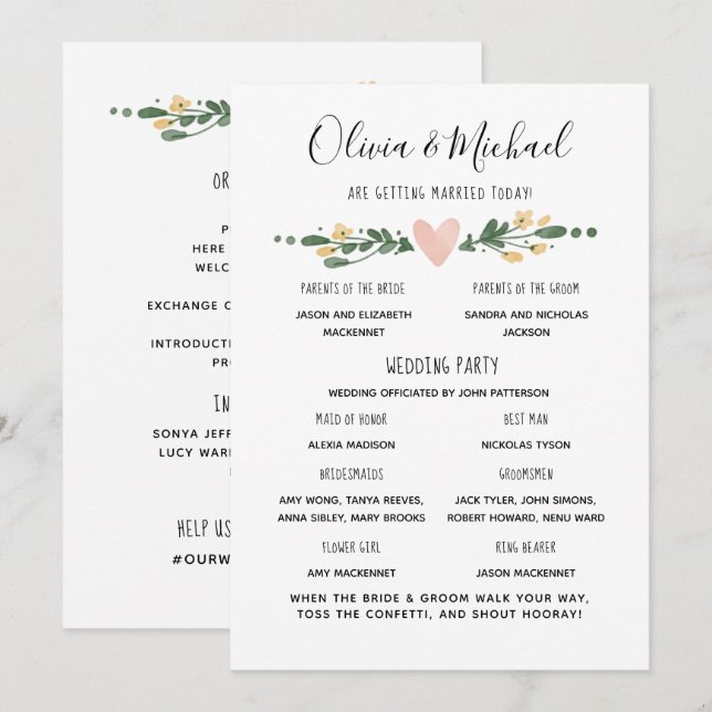 Programme de mariage Ordre des événements (Devant / Derrière)