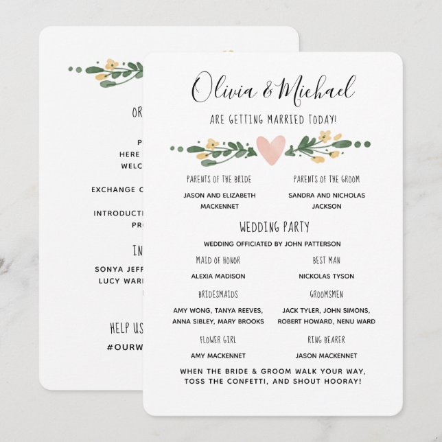 Programme de mariage Ordre des événements (Devant / Derrière)