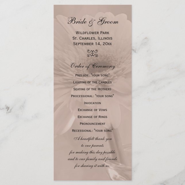 Programme de mariage pâle rose teintée marguerite (Devant)