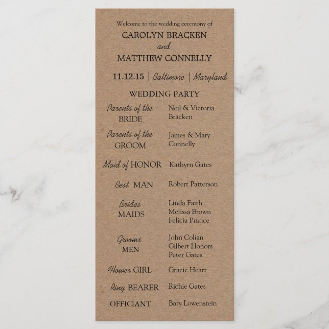 Programme de mariage | Papier Kraft rustique (Devant)