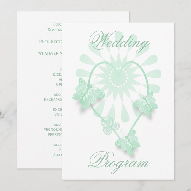 Programme de mariage Peppermint Papillons Coeur (Devant / Derrière)