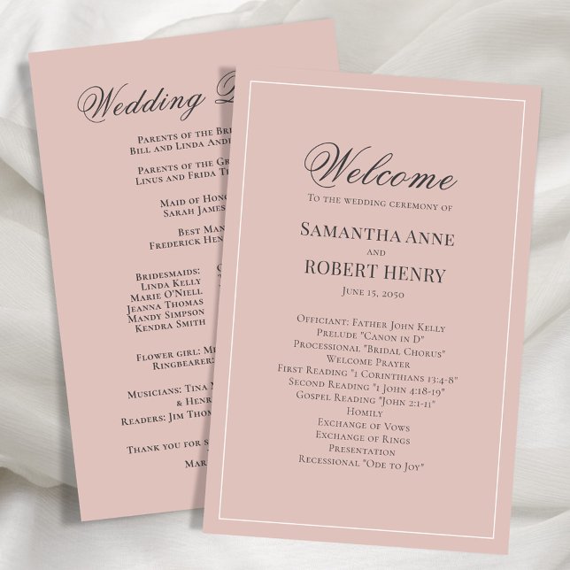 Programme de mariage personnalisé du script rose v (Blush pink wedding ceremony program.)